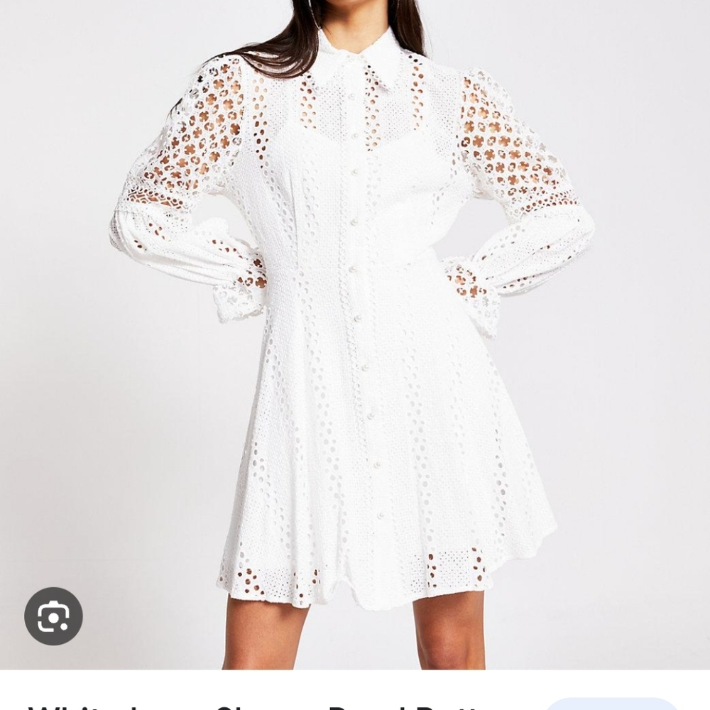 RIVER ISLAND WHITE LONG SLEEVE PEARL BUTTON BRODERIE DRESS  Size 8